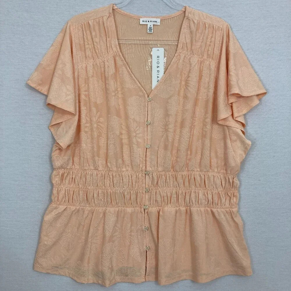 New‎ Rio & Rian Light Orange Flutter Sleeve Stretch Smock Detail Blouse size 2X